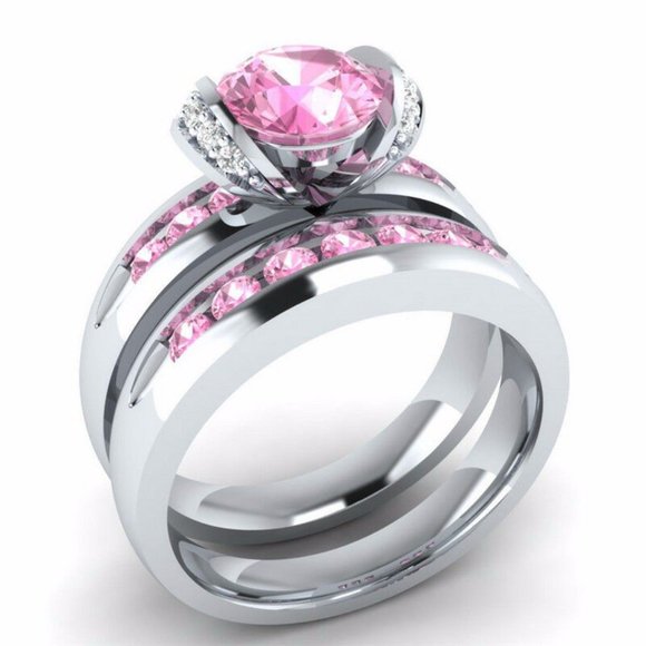 New 2pc 925 Silver Round Cut Pink Sapphire Ring